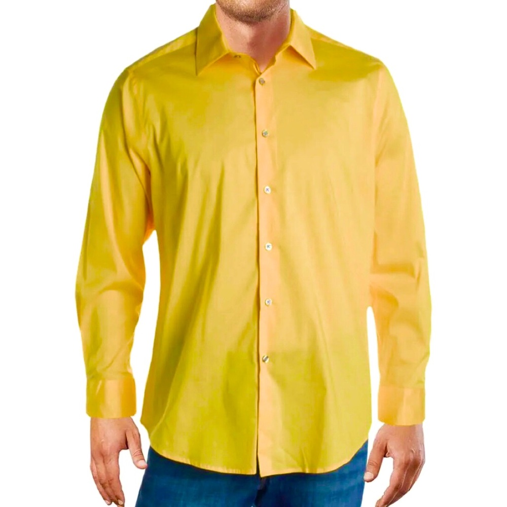 Alfani Mens Yellow Slim Fit Stretch Collar Dress Shirt M 15-15 1/2, 32/33